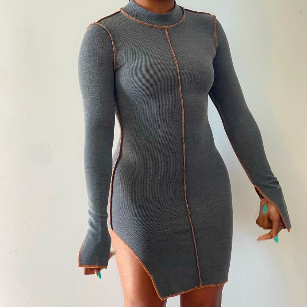 Charcoal Ribbed High Neck Long Sleeve Stitched Bodycon dress